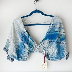 Raga Tie Dye Halter top Blue‎ White Tassels NWT S